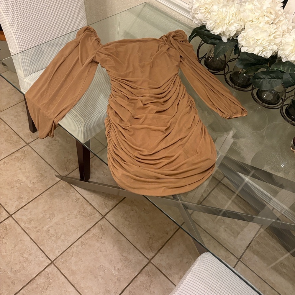 Elegant Tan Ruched Dress - Picture 7 of 10